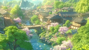 春日绿色河岸古镇