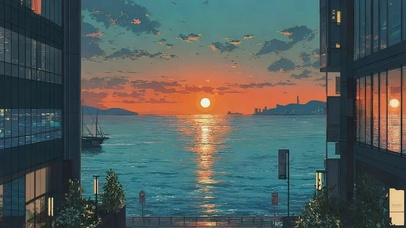 海岸城市傍晚落日余晖