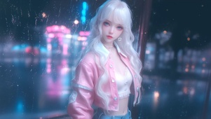 窗户边雨中粉色甜美女孩
