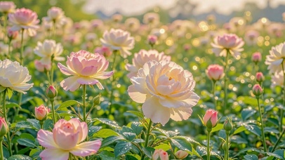 晨光粉色月季花海