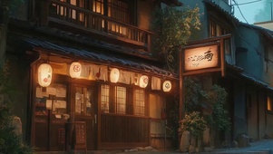 傍晚温馨古城酒馆建筑