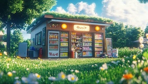 清新草地花海便利店