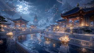 月夜云海古风仙宫胜景