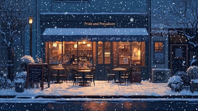 冬季雪日蓝调咖啡店