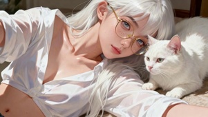 银发眼镜美少女与白猫