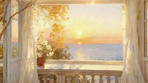 秋天窗外的大海夕阳