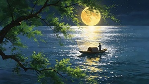 月夜平湖渔舟