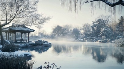 冬日白雪湖畔古亭公园