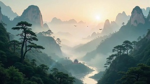 国风山水秘境日落黄昏