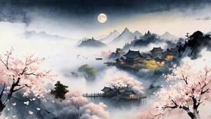 古风云雾樱花树木