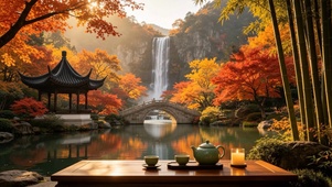 山水瀑布红叶