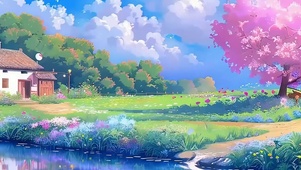 蓝天白云树木河流带鱼屏