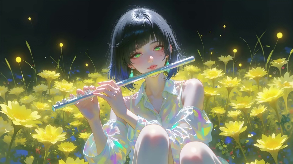 黑短发绿眼少女坐于黄花海持银长笛，暗夜浮着暖黄萤光