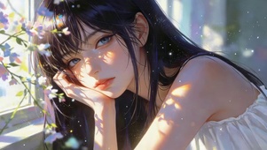 窗台鲜花女孩