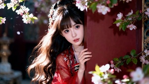 清纯古风桃花红墙国风清纯女孩