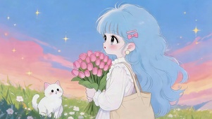 春天采花的女孩