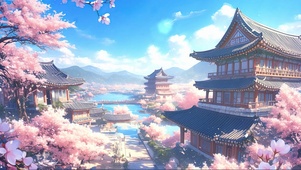 蓝天阳光樱花古镇