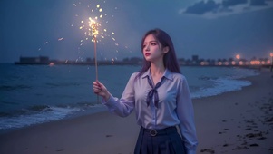 浪漫海滩烟花美女