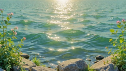 波光粼粼湖边治愈风景