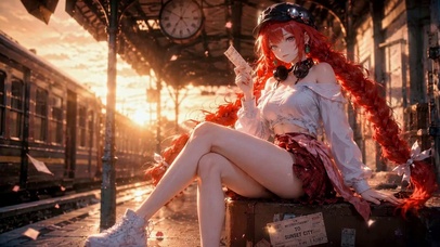 夕阳站台红发少女