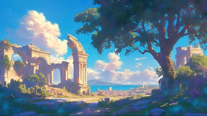 蓝天阳光静谧海岛遗迹