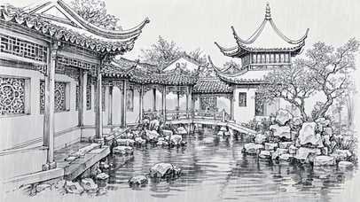 【雨景】素描园林