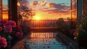 傍晚黄昏城市阳台风景