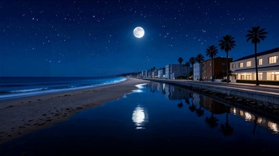 夜景海边房屋树木