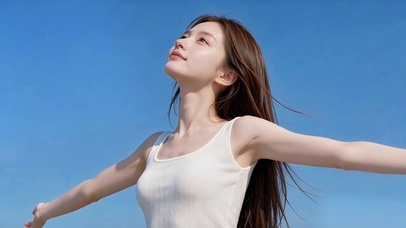 蓝天下感受清风的少女