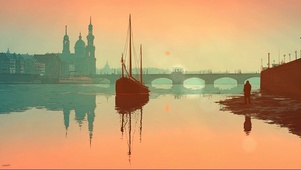 落日静谧城镇河岸