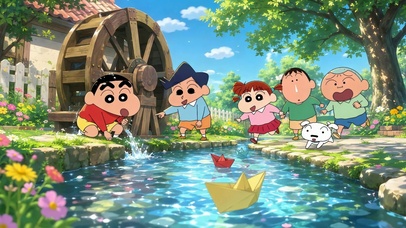 蜡笔小新春日河边嬉戏