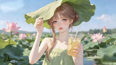喝橙汁的荷叶帽少女