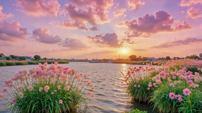夕阳河畔粉色花海