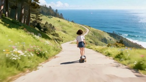 蓝海草道的滑板追光女孩治愈海岸