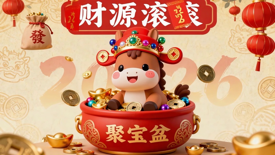 3D Q版喜庆国风场景，头戴宝石财神官帽的棕白小马坐在红色聚宝盆中，盆内满是金元宝与铜钱，背景悬挂红灯笼，上方牌匾写有财源滚滚。