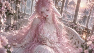 粉红花房兔耳粉发美女
