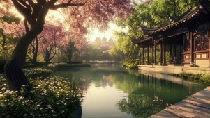 春日唯美庭院池塘美景