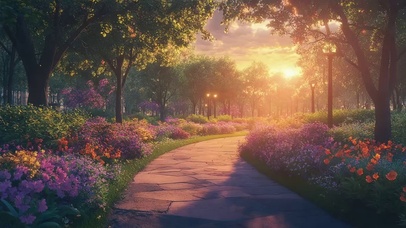 城市落日黄昏公园小径