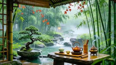 竹亭雨景