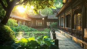 夏日午后荷花池塘庭院