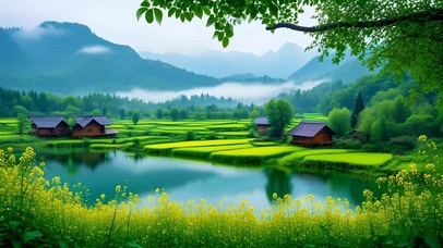 绿色护眼山水田园