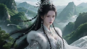 云雾缭绕连绵青山仙境修仙美女