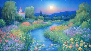 护眼夜景树木河流