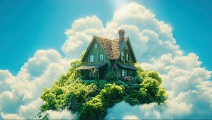天空阳光绿色森林小屋