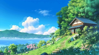 护眼白云树木河流