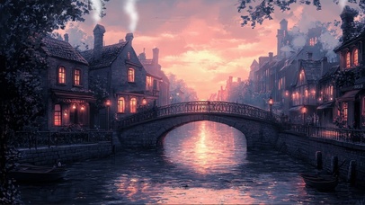 春日晚霞河岸古桥村庄