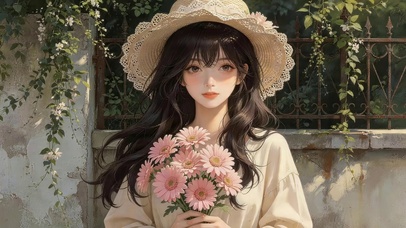 夏风鲜花女孩