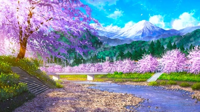 樱花树下小溪流水