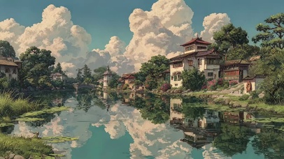 白云蓝天河岸古城建筑