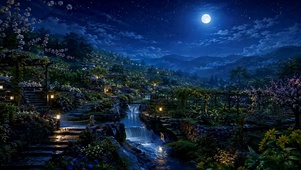月夜山村溪流唯美夜景